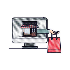 desktop computer front view with online store and shopping bag in screen in colored crayon silhouette
