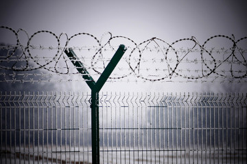 Barb wire fence at the cold winter day
