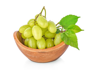 Fresh green grapes in bowl wooden on white background