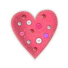 Vector realistic felt red heart decorated with buttons and tinsel. For design on Valentine's Day and weddings.