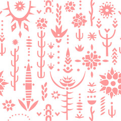Vector seamless pattern from stylized pink desert plants, cactus, spines, flowers on a white background.