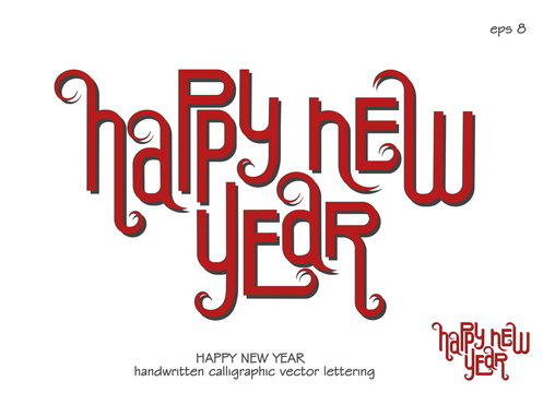 Vector Font composition. Decorative festive lettering Happy New Year. Red letters with shadow on white background.