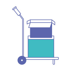 hand truck with cardboard boxes stacked and one opened in blue and purple color sections silhouette