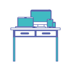 desk table with drawers front view with tech devices above in blue and purple color sections silhouette