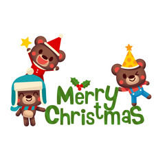 Vector illustration of cute little bear characters with merry Christmas text for greeting card.