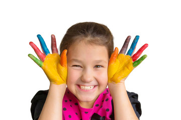 Child with colorful painted palms and hands with color paints.