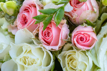 Wedding bouquet of white and pink roses. Drops on flowers. Floral background