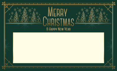 Christmas and New Year landscape greeting card design in art deco style with stylized trees.