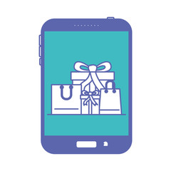 tablet device front view with gift boxes and shopping bags in screen in blue and purple color sections silhouette