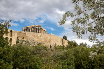 Fototapeta na wymiar View of Parthenon temple on Athenian Acropolis, Greece, December 19 2017.