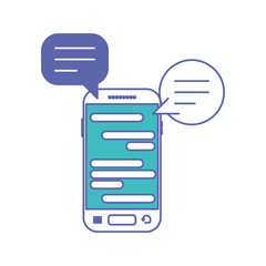 smartphone with speech dialogue text in screen in blue and purple color sections silhouette