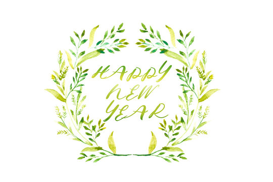 Happy New Year word with Watercolor frame of green leaves and red floral wreath in circle on white background