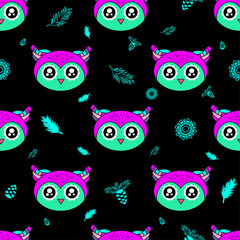 Cute kids owl pattern for girls and boys. Colorful owl on the abstract background create a fun cartoon drawing. The pattern is made in neon colors. Urban owl pattern for textile and fabric.