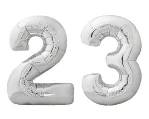 Silver number 23 twenty three made of inflatable balloon isolated on white - obrazy, fototapety, plakaty