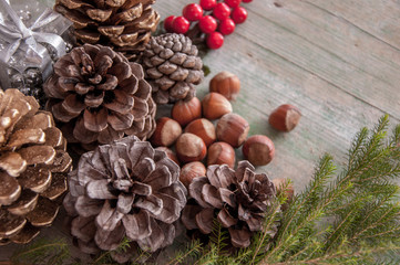 Christmas decor with cones and nuts