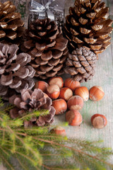 Christmas decor with cones and nuts