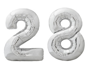 Silver number 28 twenty eight made of inflatable balloon isolated on white