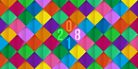 Colorful pattern New Year 2018 from seamless background cutting colored rhombus vector illustration. Geometric holiday postcard from colored pieces by cloth or paper