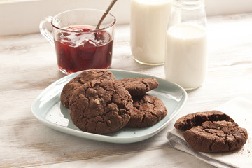 Cookies and milk bottles.