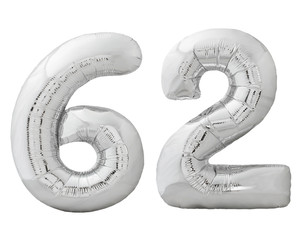 Naklejka premium Silver number 62 sixty two made of inflatable balloon isolated on white