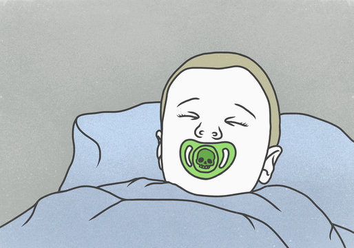 Illustration of boy sleeping with pacifier against gray background