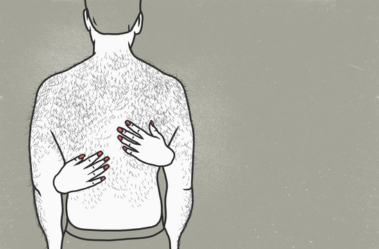 Rear view of shirtless man with woman's hands on back against gray background