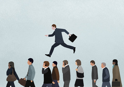 Illustration of businessman jumping over people against blue background