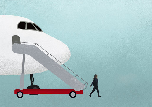 Illustration of businesswoman walking mobile phone walking by airplane against blue background