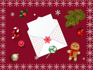 Christmas knitted background with fir tree and xmas decoration.