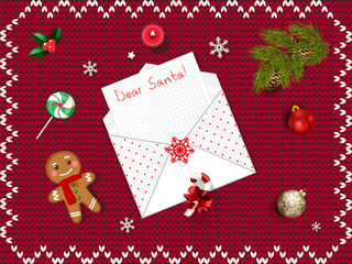 Letter to Santa Claus. Christmas card with opened envelope with copyspace