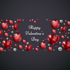 Valentines day greeting card with pattern. Border made of red rubies and pearls isolated on dark background. Heart shape with text. Festive illustration for February 14. Vector eps 10.