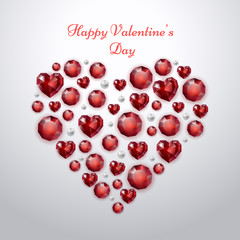 Valentines day greeting card with red heart on white background. Heart made of precious stones and pearls. Festive illustration for February 14. Vector eps 10.