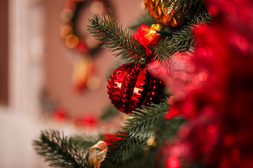 Details of festive interior with Christmas toys and gifts