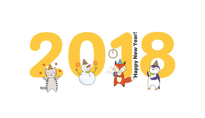 Hand drawn Happy New Year 2018 greeting card, banner template with big numbers, cute funny cartoon animals celebrating, typography. Isolated objects. Vector illustration. Design concept for party.