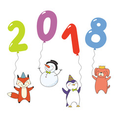 Hand drawn New Year 2018 greeting card, banner template with cute cartoon funny animals holding numbers made of balloons. Isolated objects. Vector illustration. Design concept for party, celebration.
