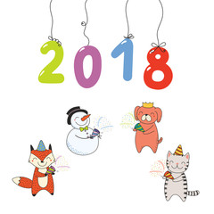 Hand drawn New Year 2018 greeting card, banner template with numbers hanging on strings, cute funny cartoon animals celebrating. Isolated objects. Vector illustration. Design concept for party.