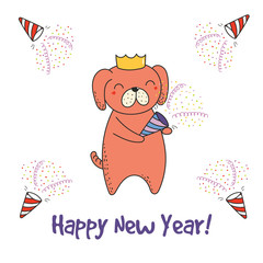 Hand drawn Happy New Year greeting card with cute funny cartoon dog with a party popper, typography. Isolated objects on white background. Vector illustration. Design concept for celebration.