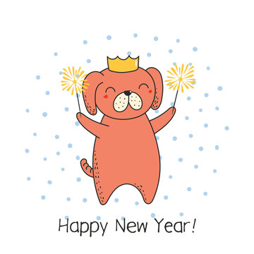 Hand drawn Happy New Year greeting card with cute funny cartoon dog with sparklers, typography. Isolated objects on on white background. Vector illustration. Design concept party, celebration