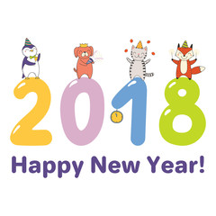 Hand drawn Happy New Year 2018 greeting card, banner template with cute funny cartoon animals celebratingstanding on big numbers, text. Isolated objects. Vector illustration. Design concept for party.
