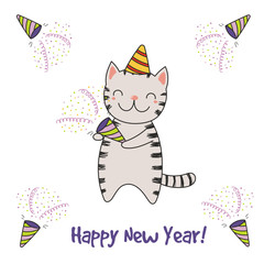 Hand drawn Happy New Year greeting card with cute funny cartoon cat with a party popper, typography. Isolated objects on white background. Vector illustration. Design concept for celebration.