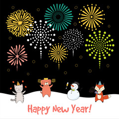 Hand drawn Happy New Year 2018 greeting card, banner template with cute funny cartoon animals celebrating, fireworks in the sky, text. Isolated objects. Vector illustration. Design concept for party.