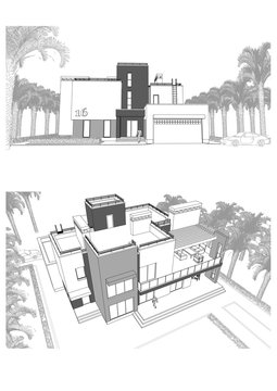 3d sketch of a modern private house with a terrace, surrounded by palm trees, different points of view - facade, top view and back yard. Illustration