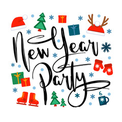 new year party, inscription and christmas icons and symbols on a white background. Vector illustration, Great design element for congratulation cards, banners and other
