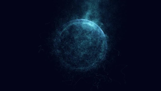Dark background with animated sphere of moving particles.