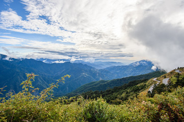 Beautiful blue sky and white clouds landscape in Taiwan Hehuan mountain
