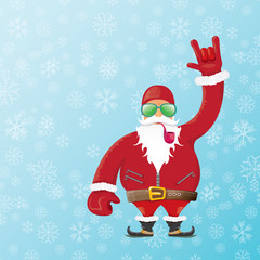 vector DJ santa claus with smoking pipe, santa beard and funky santa hat on blue background with snowflakes. Christmas hipster poster for party or greeting card. vector bad santa xmas poster