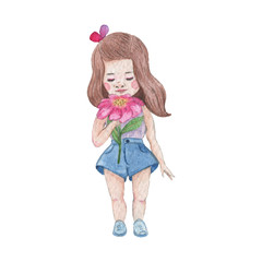 Vintage style watercolor painting - Little Girl. Baby girl with big pink flower and brown hair.
