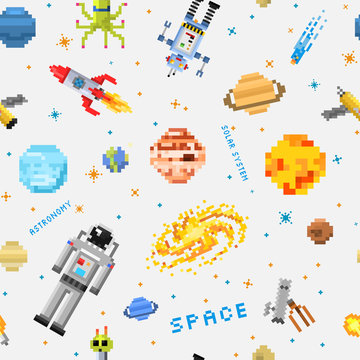 space seamless pattern background, alien spaceman, robot rocket and satellite cubes solar system planets pixel art, digital vintage game style. Mercury, Venus, Earth, Mars, Jupiter, Saturn.