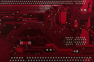 Circuit board. Electronic computer hardware technology. Motherboard digital chip. Tech science background. Integrated communication processor. Information engineering component. Red color.