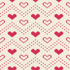 Knitted seamless pattern with hearts. Romantic ornament for sweater. Vector background